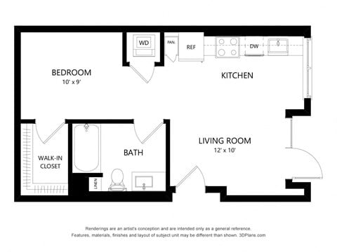 Floor plan for studio, 1 bath, 556 sqft